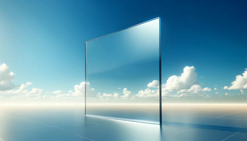 A transparent glass on blue ice with a blue sky and white clouds in the background